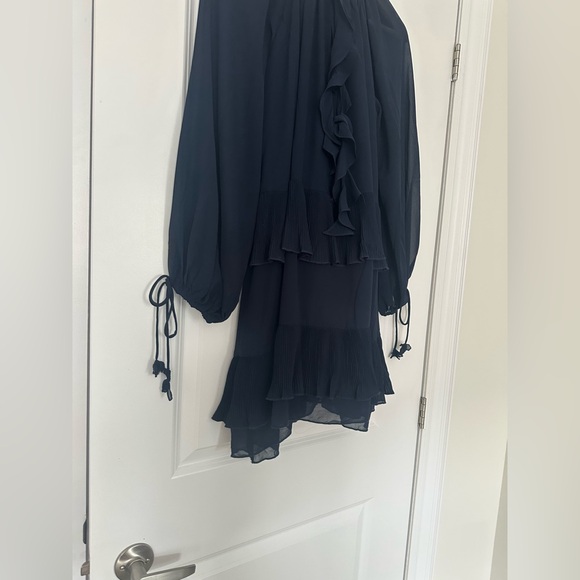 En Saison Navy Pleated Tiered Long Sleeve Mini Dress / Tunic Top XS Ruffle Sheer - Picture 7 of 10
